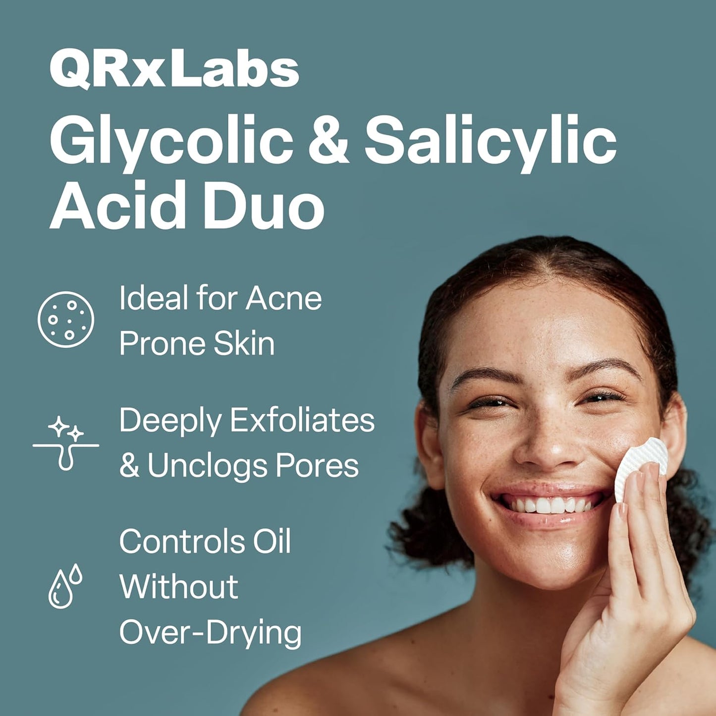 QRxLabs Salicylic & Glycolic Acid Pads (2% Salicylic & 10% Glycolic) - 50 Count Jar - Exfoliating Pads for Acne & Bacne Treatment with Vitamins B5, C & E & Calendula & Green Tea