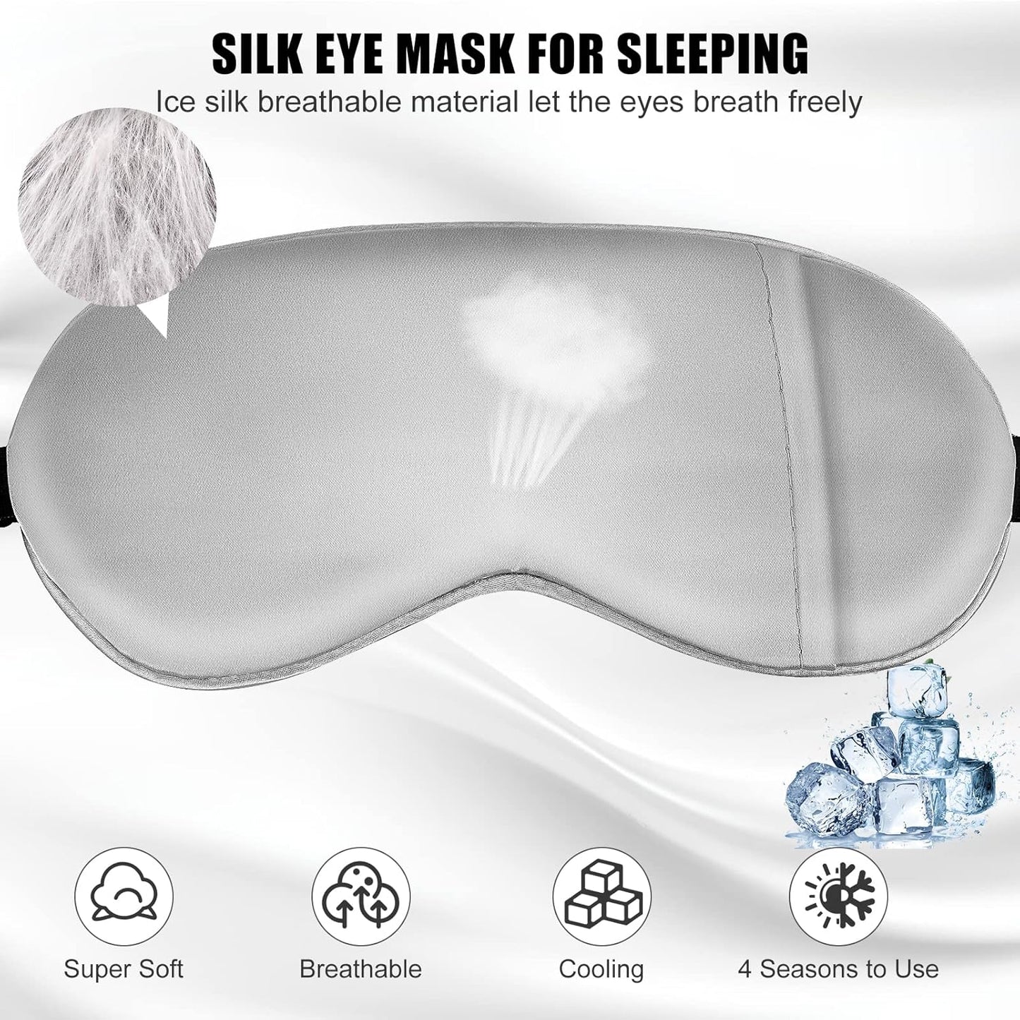 Sleep Mask w/ Cooling Gel Eye Mask, Silk Eye Mask for Sleeping, Hot & Cold Eye Masks, Blindfold Eye Cover Sleeping Mask for Home Office Travel, Yoga, Stocking Stuffers for Men Women (Grey)