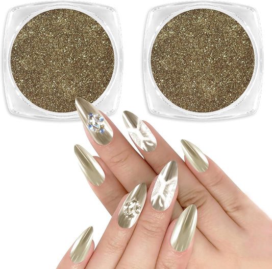 Allstarry Chrome Nail Powder 2pcs Metallic Mirror Effect Dust Glitter Glazed Manicure Decoration Reflective Pigment for Gel Polish Nail Art Decoration Resin Craft, Festivals - Champagne Gold