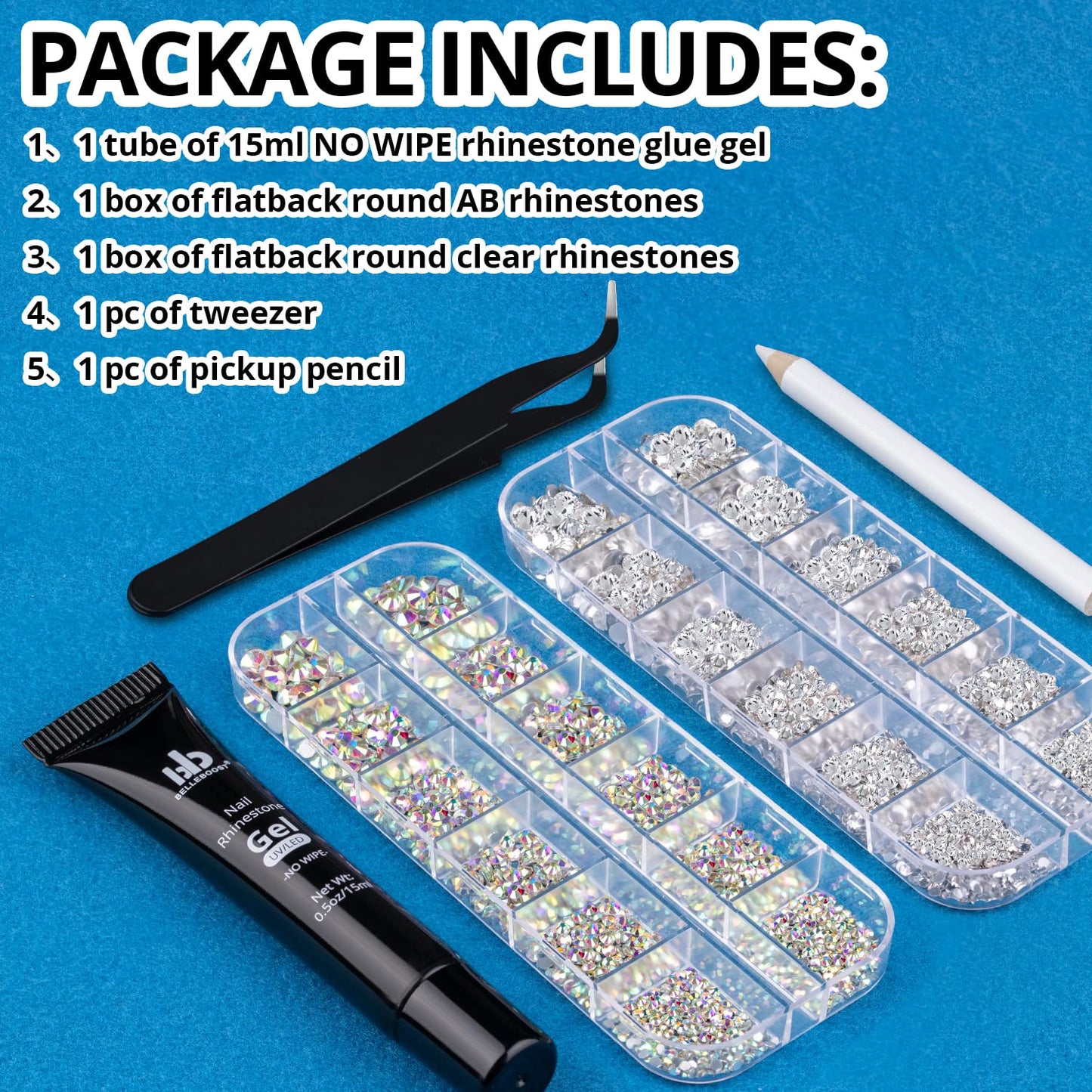 Nail Art Rhinestone Glue Gel&2 Boxes Flatback Gems Kit, 1 Tube of 15ml Rhinestone Gel Glue(UV/LED Needed)+Crystal AB Gems+Flat-Back Round Glass Clear Gemstones with Pickup Tools