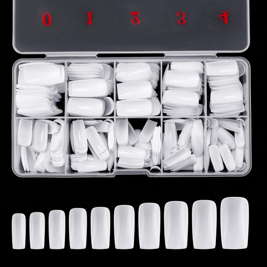 Full Cover Acrylic False Nail Tips, 500PCS Fake Nail Shape Artificial False Nails Tips 10 Sizes with Case for Nail Art Salons and Home DIY (White)