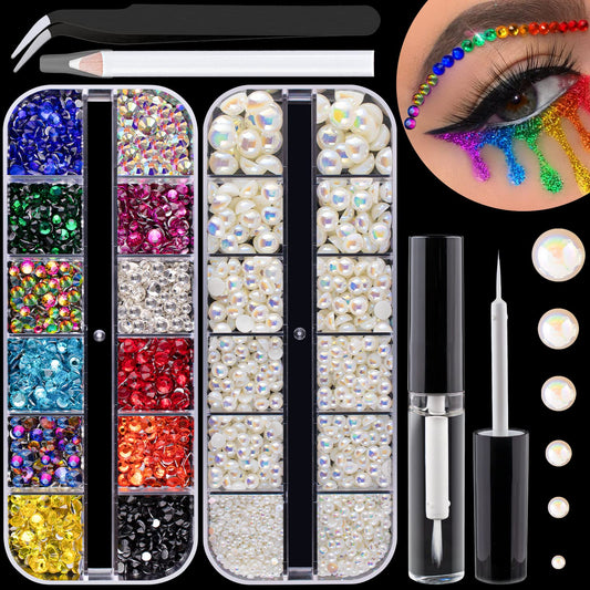 Colorful Flatback Face Gems and Beige AB Pearls for Makeup with Quick Dry Glue, Half Round Pearls Nail Art Rhinestones Glass Crystal Beads for Make-up Deco with Pickup Pencil + Tweezer