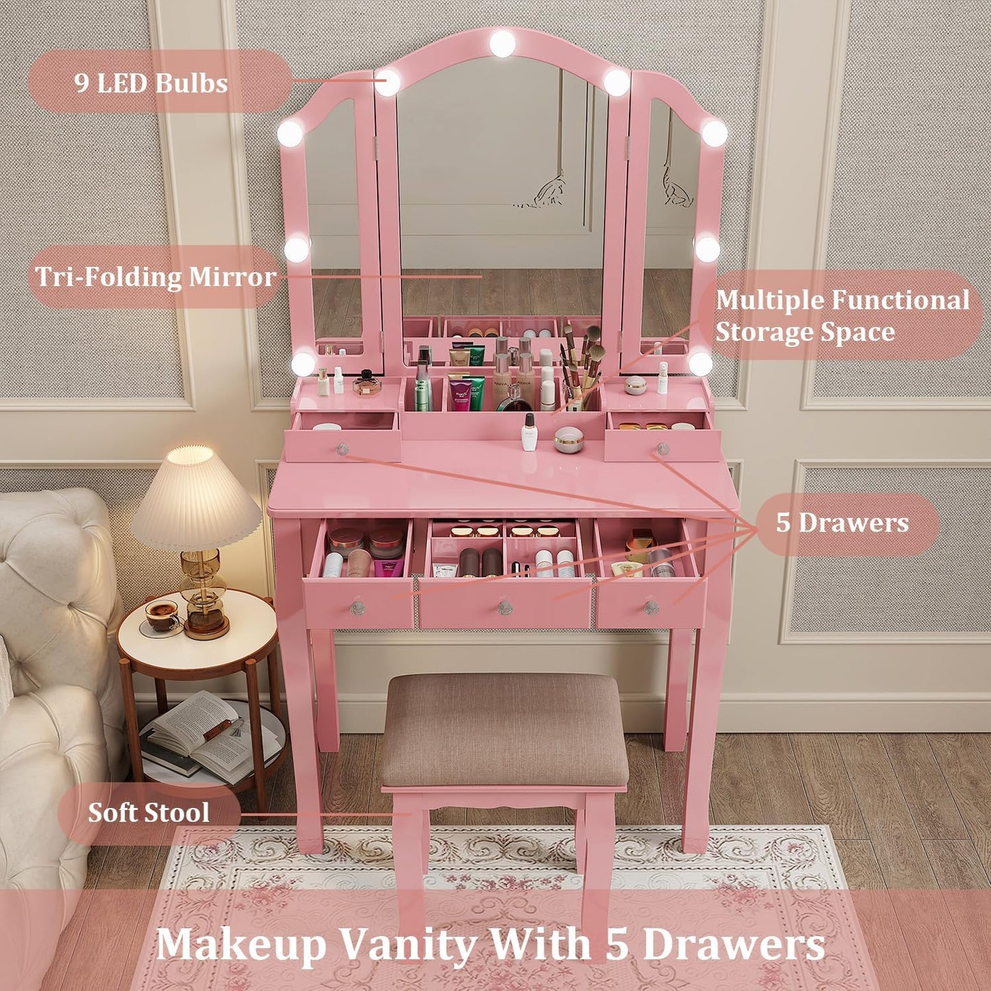 Vanity with Lights Girls Vanity Desk Set with Drawers Makeup Vanity Desk with Mirror and Lights Make Up Pink Makeup Vanity for Girls Table with Stool