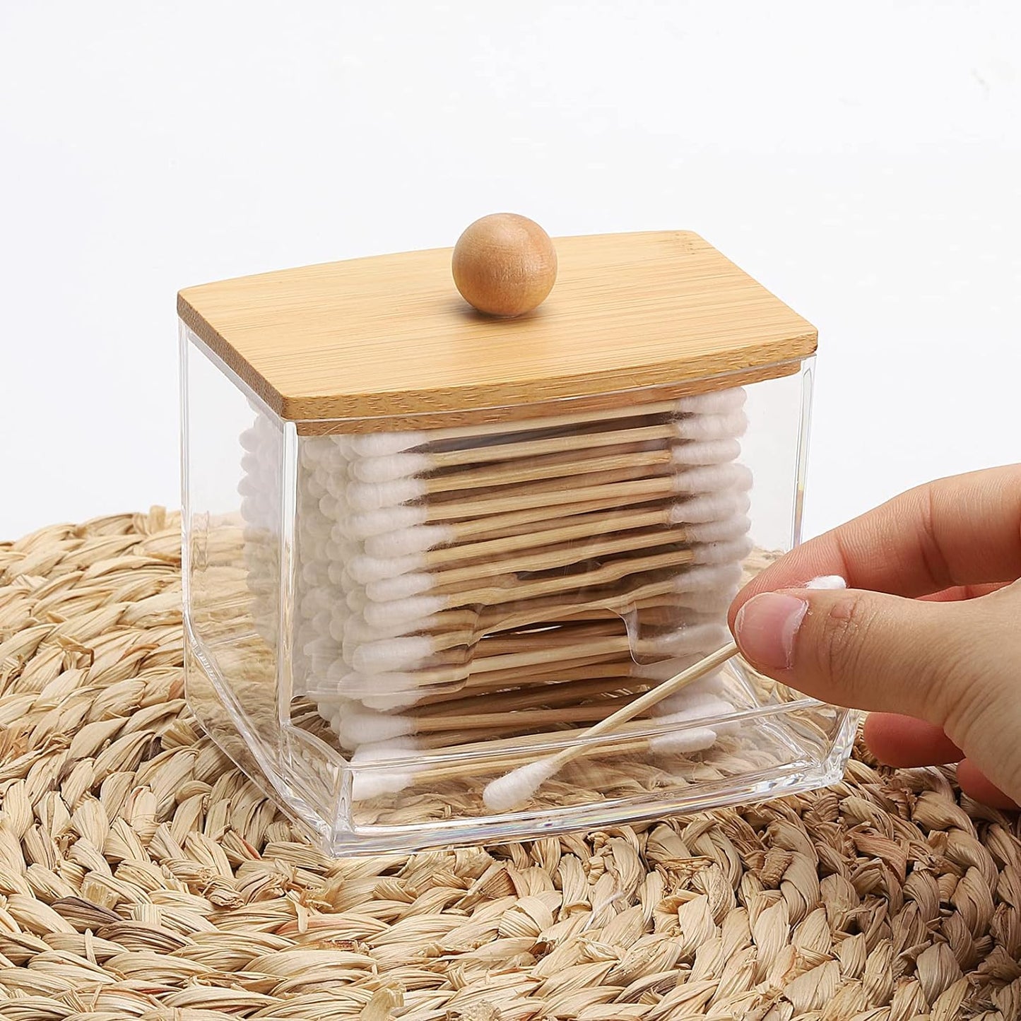 Tbestmax 10oz Qtip Holder Dispenser with Bamboo Lids, Big Clear Bathroom Organizer Accessories Decor for Storage-Qtips Cotton Ball Holder Apothecary Jars, Cotton Swabs, Floss Container