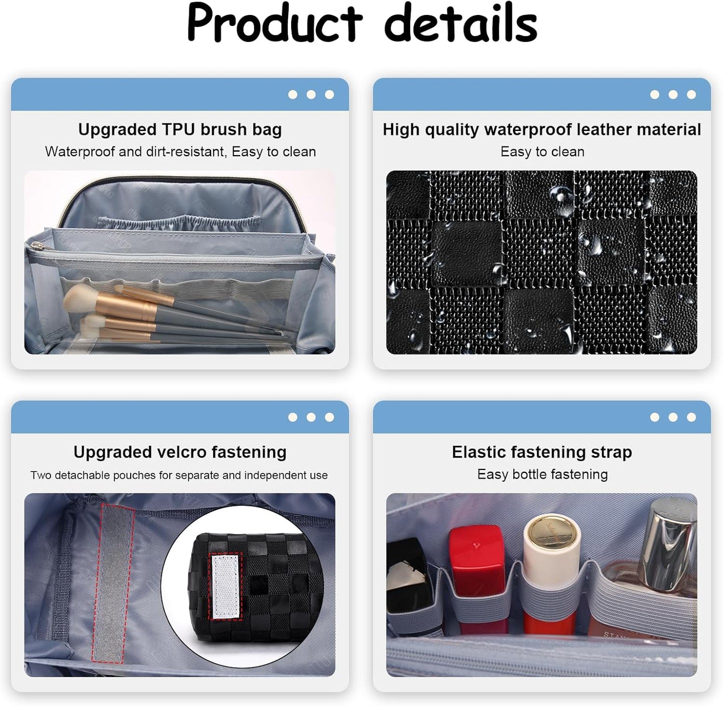 BOYATU Travel Makeup Bags for Women: Vegan Leather Cosmetic Bag Set of 3 - Large Capacity Make up Bag with Divider - Wide Open Waterproof Toiletry Organizer Bag with Handle (L13-Black)