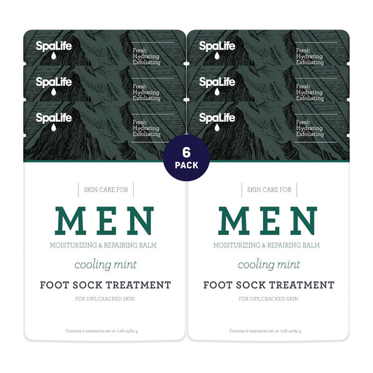 Spa Life Men's Cooling Mint Foot Repair Balm and Moisturizing Socks Set - Revitalizing Hydrating Foot Mask for Soothing Tired, Achy Feet and Softening Dry, Cracked Skin One Size Fits Most- 6 Pairs