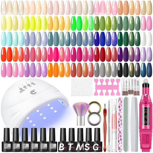53PCS Gel Nail Polish Kit with U V light and Drill Starter Kit, 35 Colors Gel Polish Set 5pcs Top Base Coat All season Fashion Popular Colors Professional Nail Lamp Gel Manicure Kit Gifts for Women