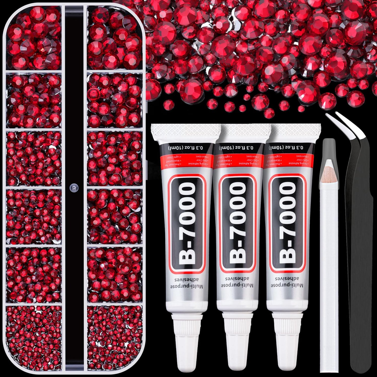 Resin Rhinestones for Crafting with B7000 Jewelry Glue, 1 Box Dark Red Flatback Crystals with 3Pcs 10ml Glue for Bedazzling Crafts DIY Nail Art Makeup，Non Hotfix Gems for Clothing Shoes