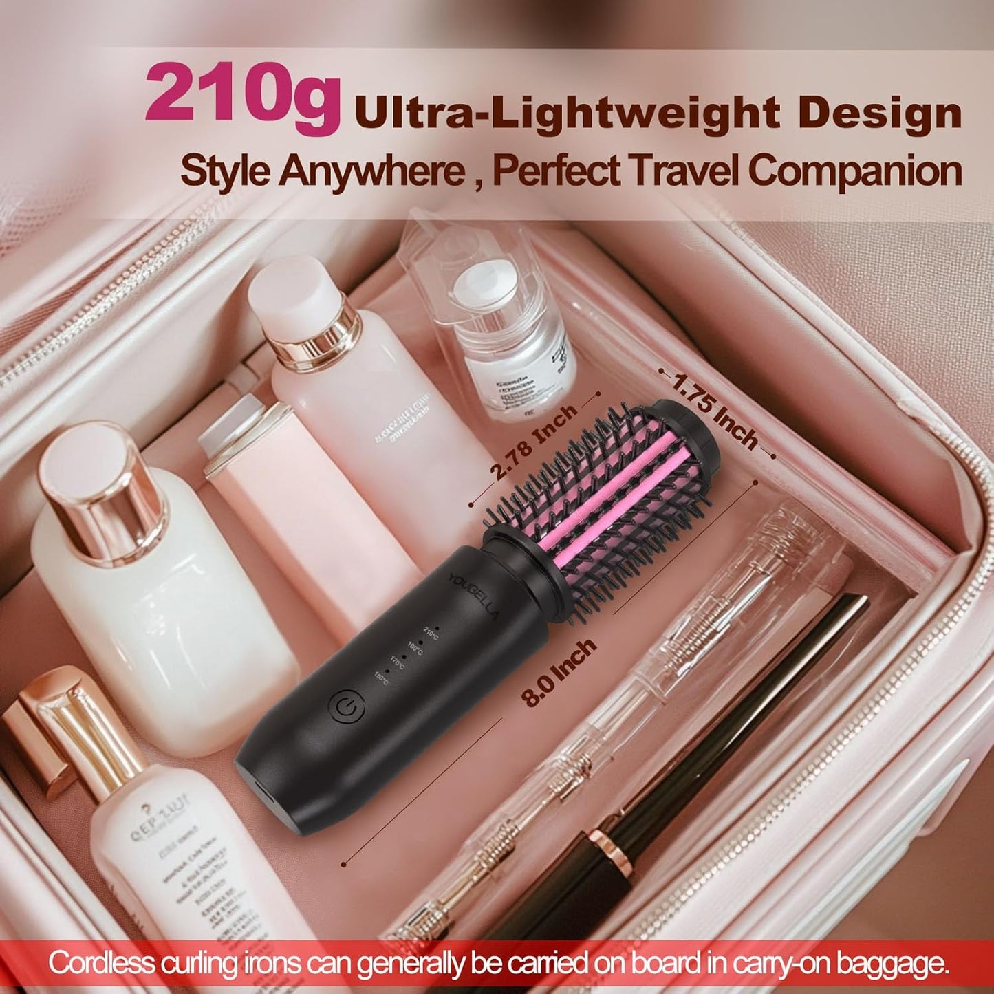 Cordless Hair Curling Iron Brush, Mini Travel Hot Straightener Comb, 3-in-1 Portable Wave Curling Wand, 1.5″ Ionic Heated Brush, USB Rechargeable Hair Curler, Black – No Automatic Rotation
