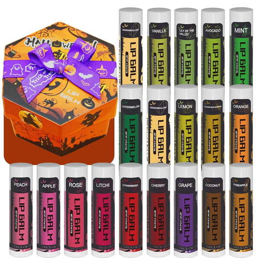 Yopela 19 Pack Halloween Natural Lip Balm Bulk with Vitamin E and Coconut Oil Lip Care Set - Moisturizing, Soothing, and Repairing Dry and Chapped Lips - 18 Flavors - Non-GMO