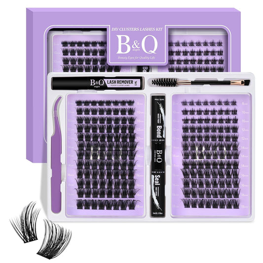B&Q Lash Extension Kit 192 pcs Eyelash Extension Kit B19+B28 8-18mm Mixed Lash Clusters Kit Individual Lashes Kit Wispy with Lash Glue and Remover Applications Eyelash Kit (B19+B28, Kit)