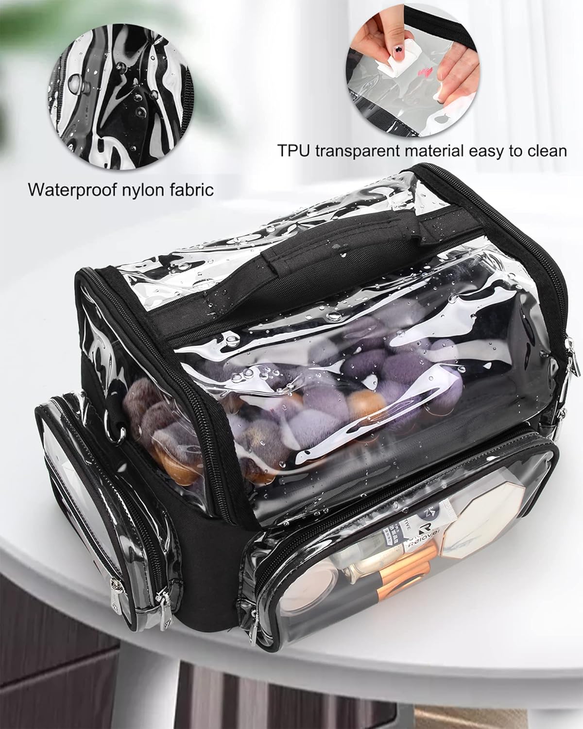 Makeup Brush Bag, Makeup Brush Case for Makeup Artist with Plastic Dividers Washable, Portable Travel Makeup Train Case with Clear Waterproof Cover for Easy to Clean and Find with Adjustable Strap