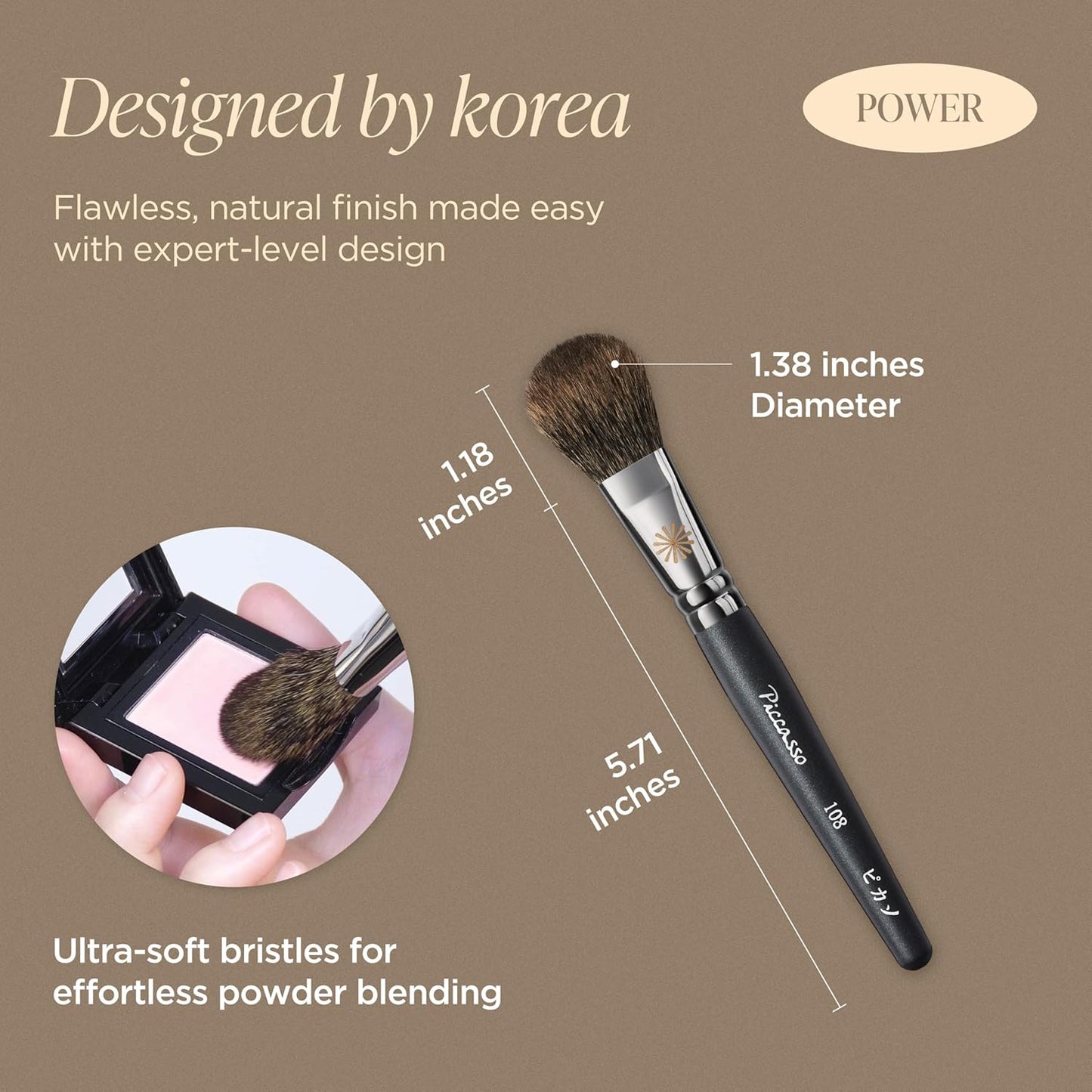 Piccasso 108 Blusher Brush – Soft Gray Squirrel Hair for Smooth and Natural Cheek Makeup, Fluffy Powder Applicator with Excellent Color Payoff, Small Face Brush for Daily Use, Professional Beauty