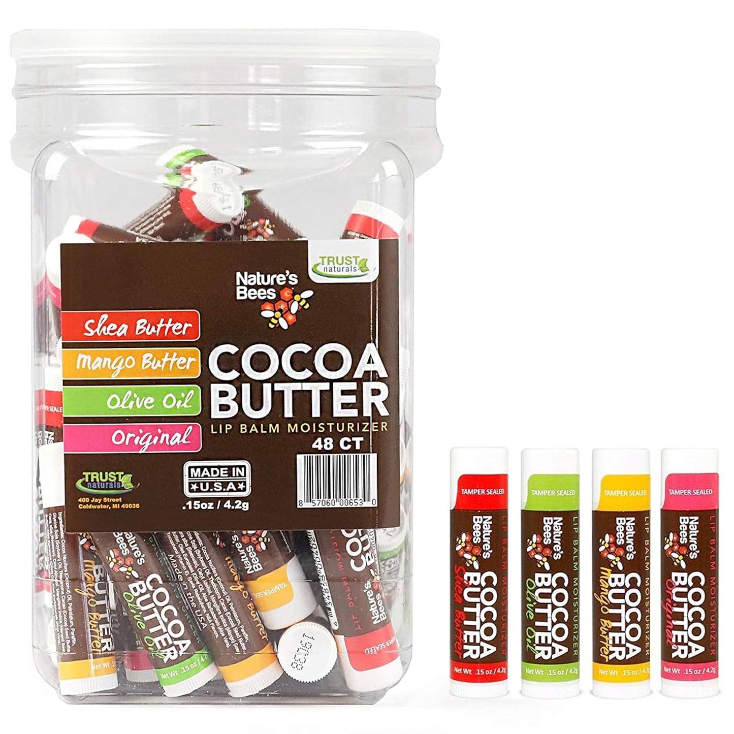 Nature's Bees, Cocoa Butter Flavored Lip Balm Tubes Set Bulk Assortment Chap Treatment Moisturizer For Dry Lips, Original Variety Assortment (Shea Butter, Original, Olive Oil, Mango Butter) - 48 Pack