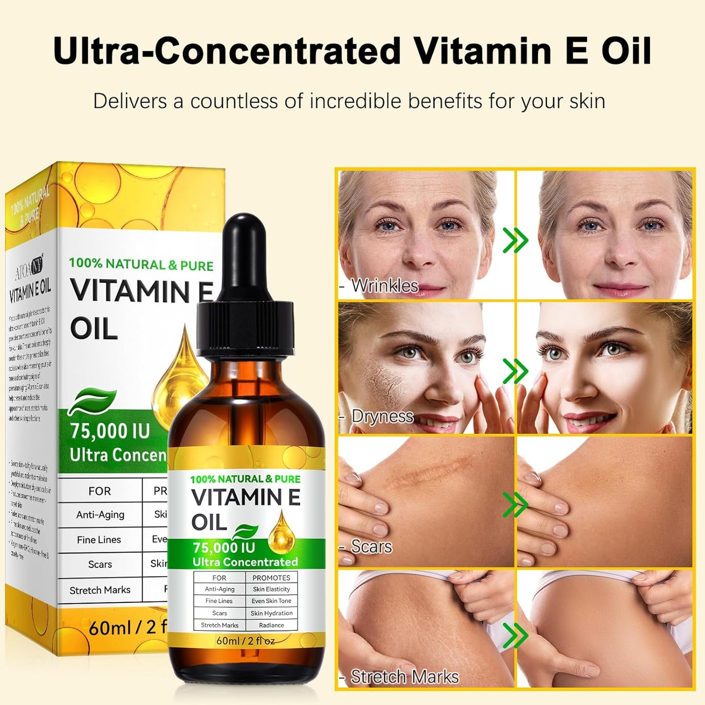 Essential Vitamin E Oil for Skin,Face,75000 IU Pure Vitamin E Body Oil for Women Girls 2 Oz