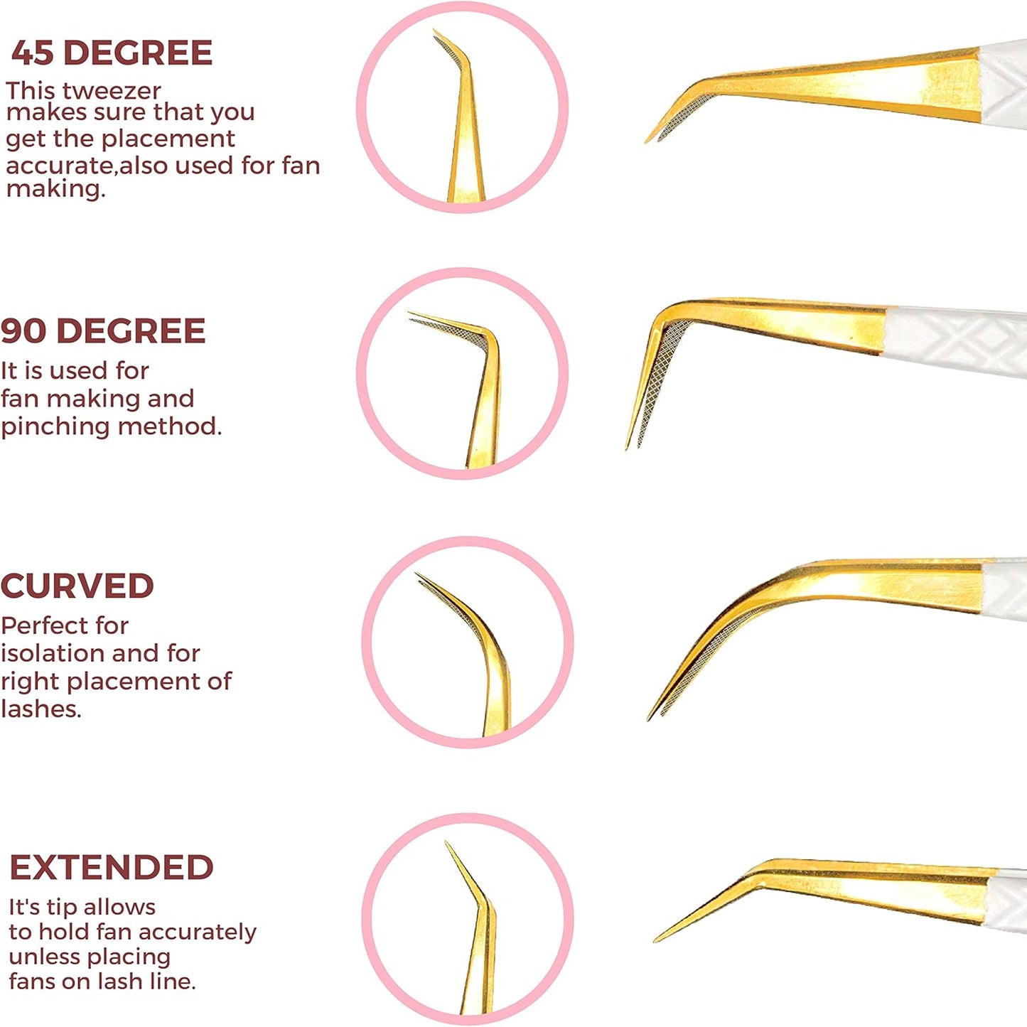 SIVOTE Fiber Tip Lash Tweezers for Eyelash Extensions with Diamond Grip, White, Set of 4 - Precise Tips Japanese Steel for Classic, Volume & Mega Volume Lashes, Anti-Rust - Ideal for Lash Artists