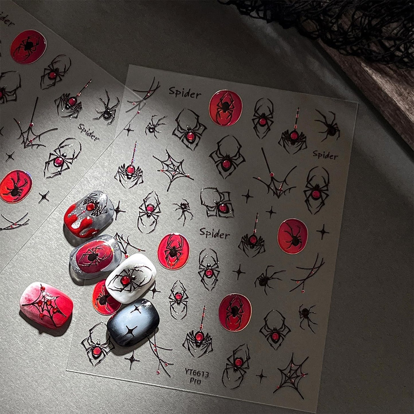 Halloween 5D Embossed Nail Art Stickers Decals Spider Gem Nails Sticker Spider Web Nails Decal Self-Adhesive Nail Art Decals for Women Halloween Decor