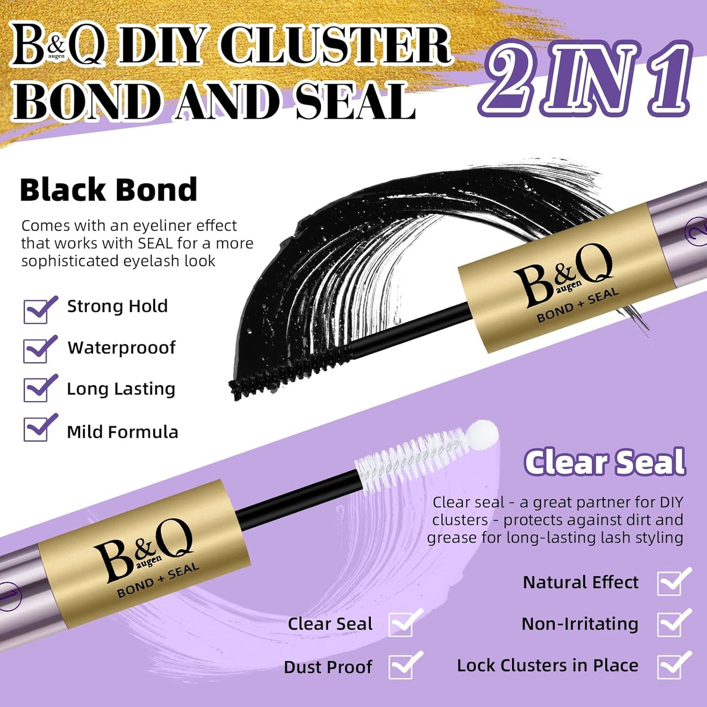 B&Q Lash Cluster Glue 10ml, Waterproof Bond and Seal Lash Glue, Long Lasting cluster lash glue, 2 in 1 Eyelash glue for Clusters Use Strong Hold 48h (Bond & Seal)