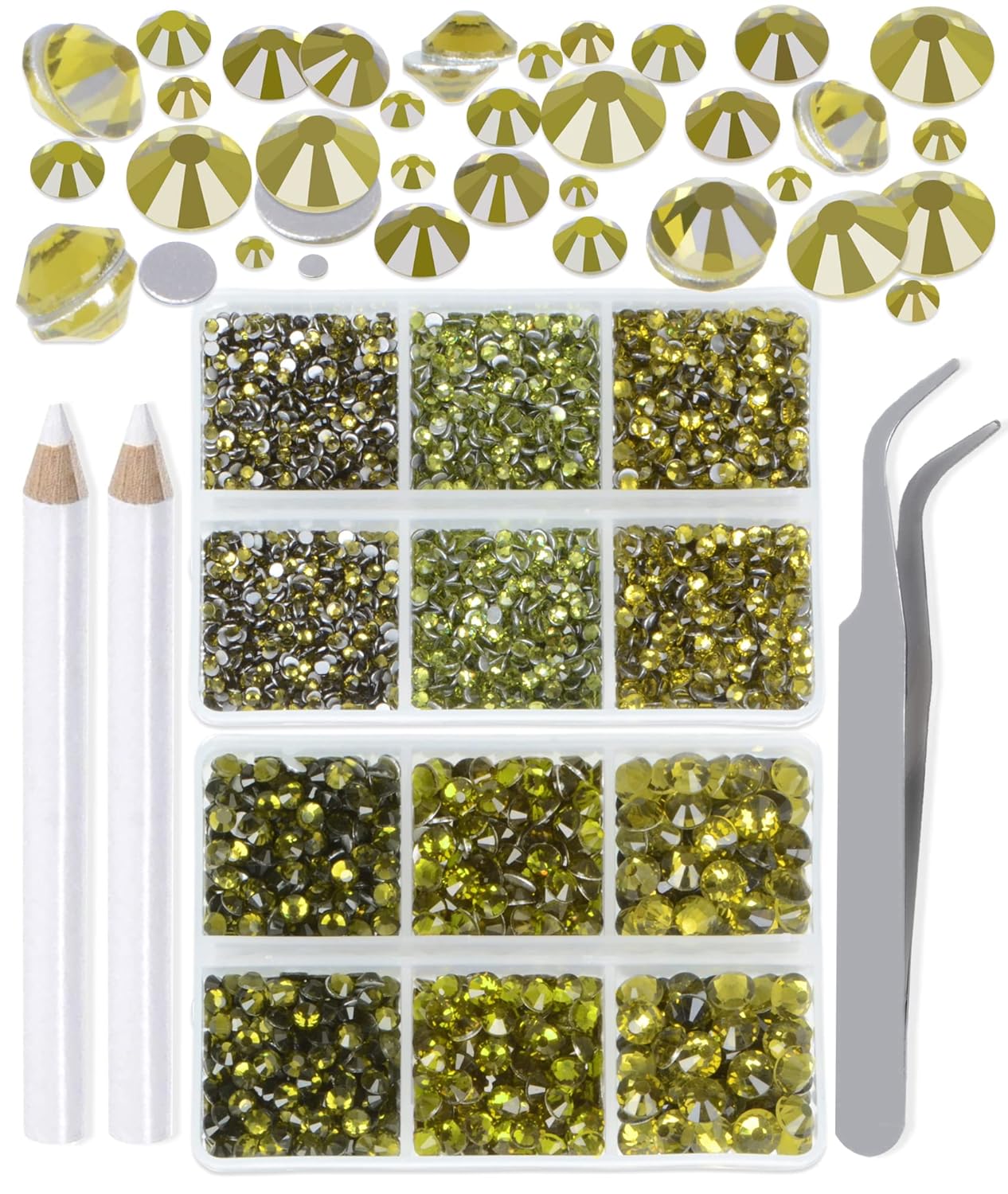 LPBeads 6000 Pieces Olivine Non Hotfix Rhinestones 6 Sizes Round Crystal Glass Flat Back Rhinestones with Tweezers and Picking Pen for Nail Art Crafts Clothes Bags DIY