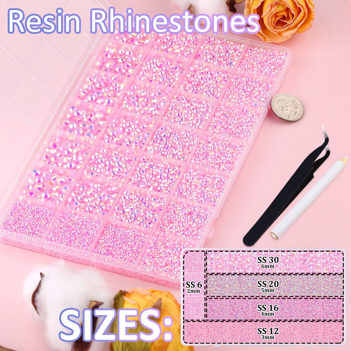 30000Pcs Resin Rhinestones for Bedazzling with Tweezers, Light Pink AB Rhinestones for Crafting with B7000 Jewelry Glue for DIY Crafts Clothing Tumblers Shoes Fabric Nail Art