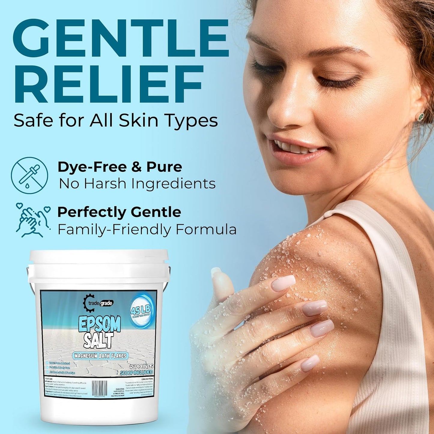 Epsom Salt Bath Soak 45 lb Bucket – Unscented, Pure Epsom Salt Bulk Crystals, Magnesium Sulfate for Full Body or Foot Soaks, Resealable Container with Scoop for Home Bath Use