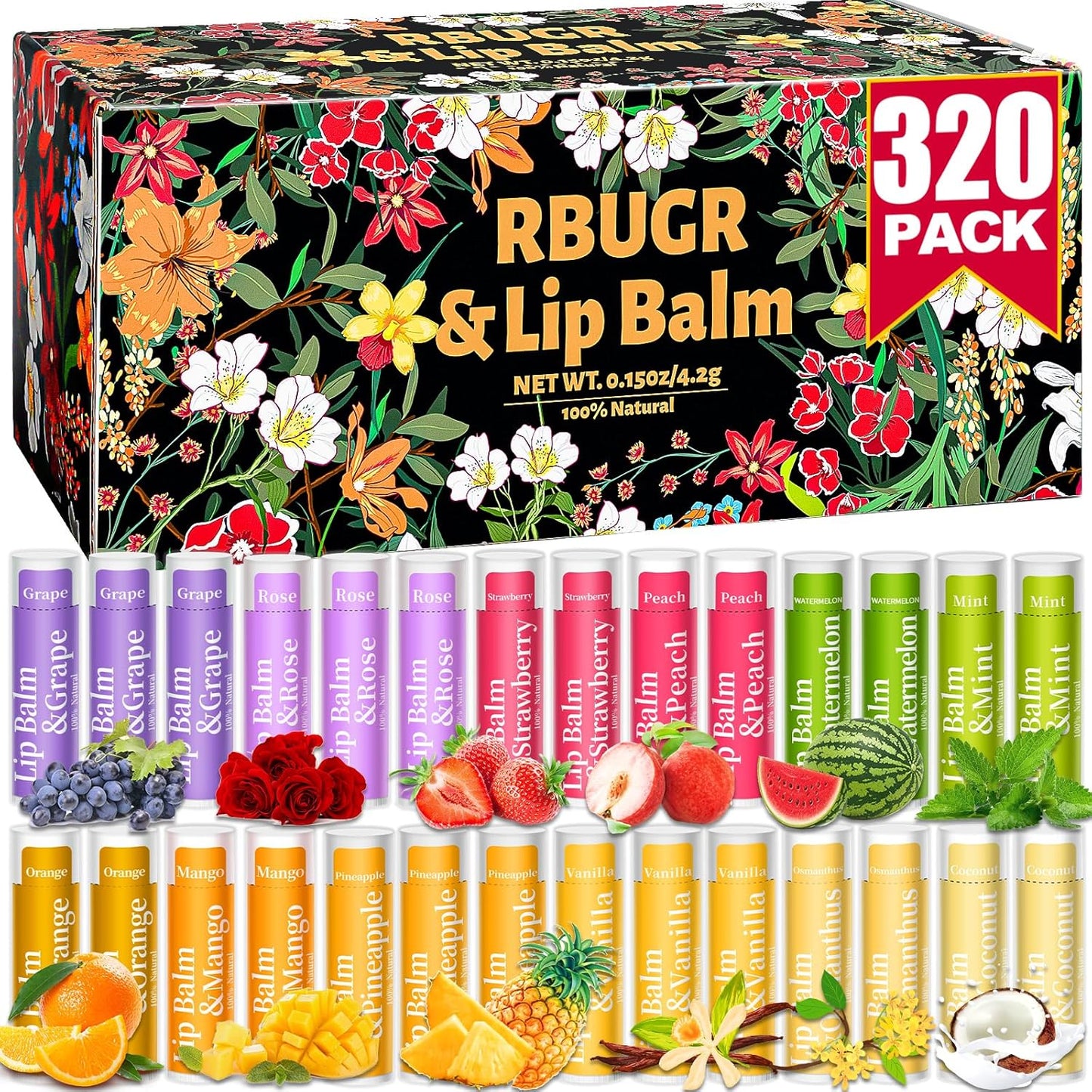 320 Pcs Lip Balm Bulk, 12 Flavored Pack of Lip Balms Natural Lip Balms Pack, Moisturising Organic Lip Balm Set for Cracked Lips, Bulk Gifts Stocking Stuffers Party Favors(4.2g/0.15oz)