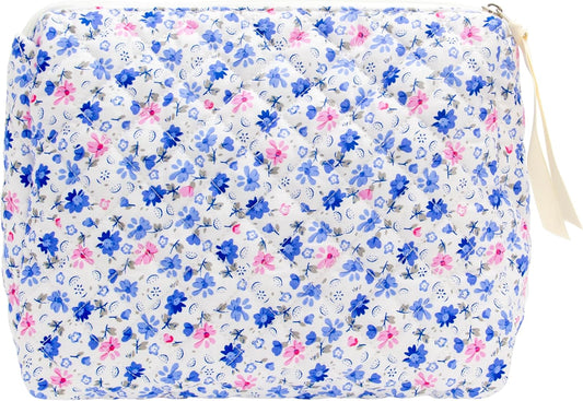 PAZIMIIK Quilted Makeup Bag Large Travel Zipper Soft Cosmetic Pouch for Women Girls Make Up,Floral Blue