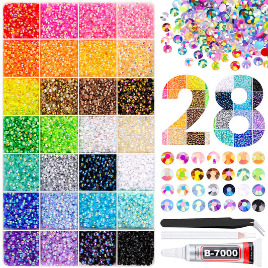 30000Pcs Resin Rhinestones with Tweezers for Crafting, Mixed-Color 3mm Bedazzling Crystal with 1Pcs 10ml B7000 Jewelry Glue for DIY Crafts Clothing Tumblers Shoes Fabric Nail Art