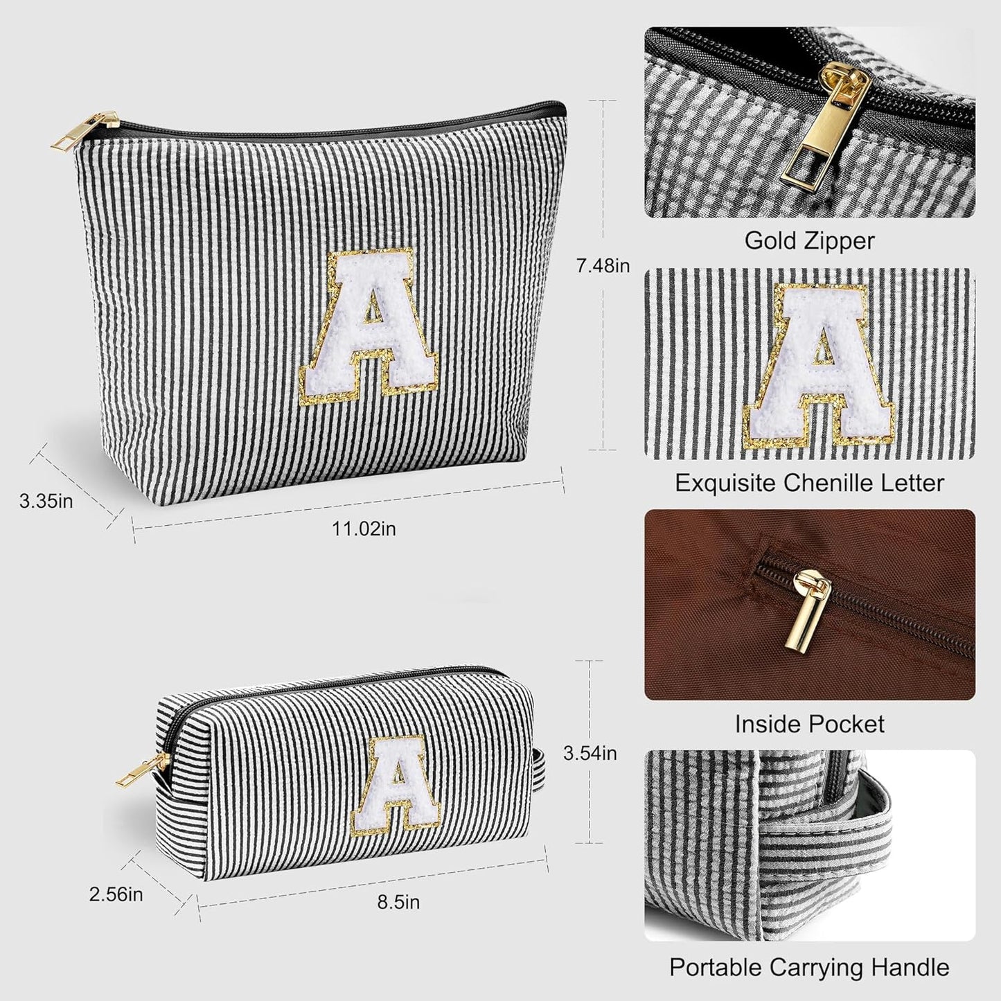 YOOLIFE Initial Makeup Bag - Personalized Monogrammed Travel Toiletry Bag, Perfect for Teens, Weddings, and Preppy Styles - Black