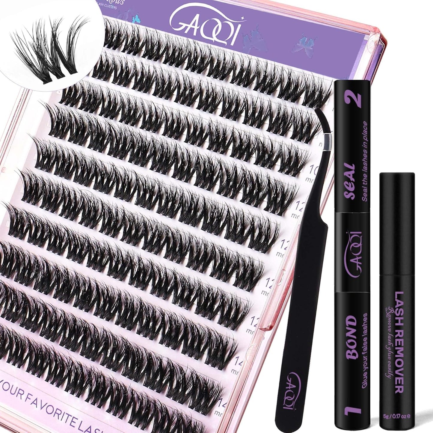 GAQQI Lash Clusters Kit, DIY Lash Extensions Kit 10-14mm Cluster Lashes, Wispy Eyelash Clusters with Lash Bond and Seal+Lash Tweezer+Remover+110pcs Thin Band Individual Lashes (3D-GQ08-KIT)