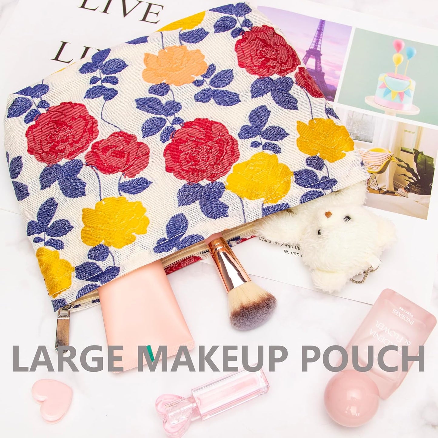 PAZIMIIK Makeup Bag Large Cotton Zipper Pouch for Purse Travel Canvas Make Up Organizer for Women Cosmetic,Rose Beige