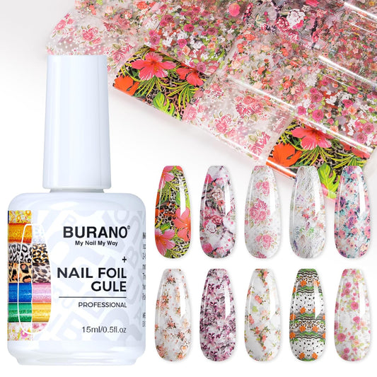 BURANO Nail Art Nail Foil Glue Gel, o.5 oz with 10PCS Foil Stickers Set Nail Foil Glue for Nails Foil Transfer Gel, Nail Design DIY UV LED Lamp Required (Flower Foil 10)