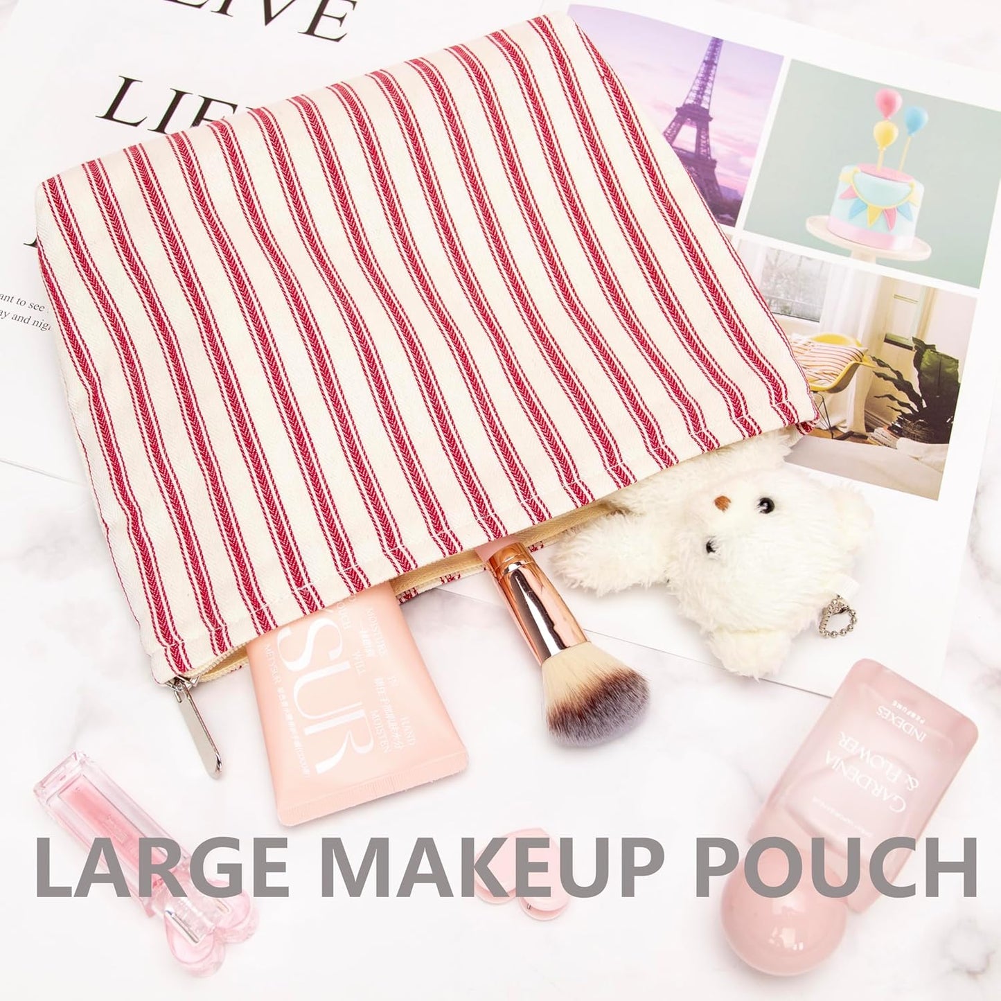 PAZIMIIK Makeup Bag Large Cotton Zipper Pouch for Purse Travel Canvas Make Up Organizer for Women Cosmetic,Vintage Stripe Red