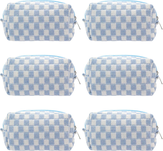 PAZIMIIK Checkered Makeup Bag for Purse Portable Zipper Make Up Pouch Small Cosmetic Case for Travel Accessories (6PCS Blue)