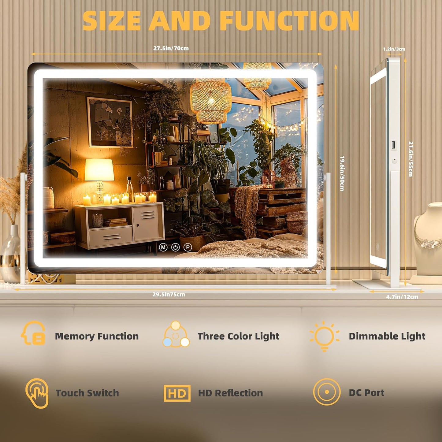 Vanity Mirror with Lights, 29.5'' x 22'' Lighted Makeup Mirror, Touch Screen with 3-Color Lighting, Dimmable for Vanity Desk Tabletop Round White