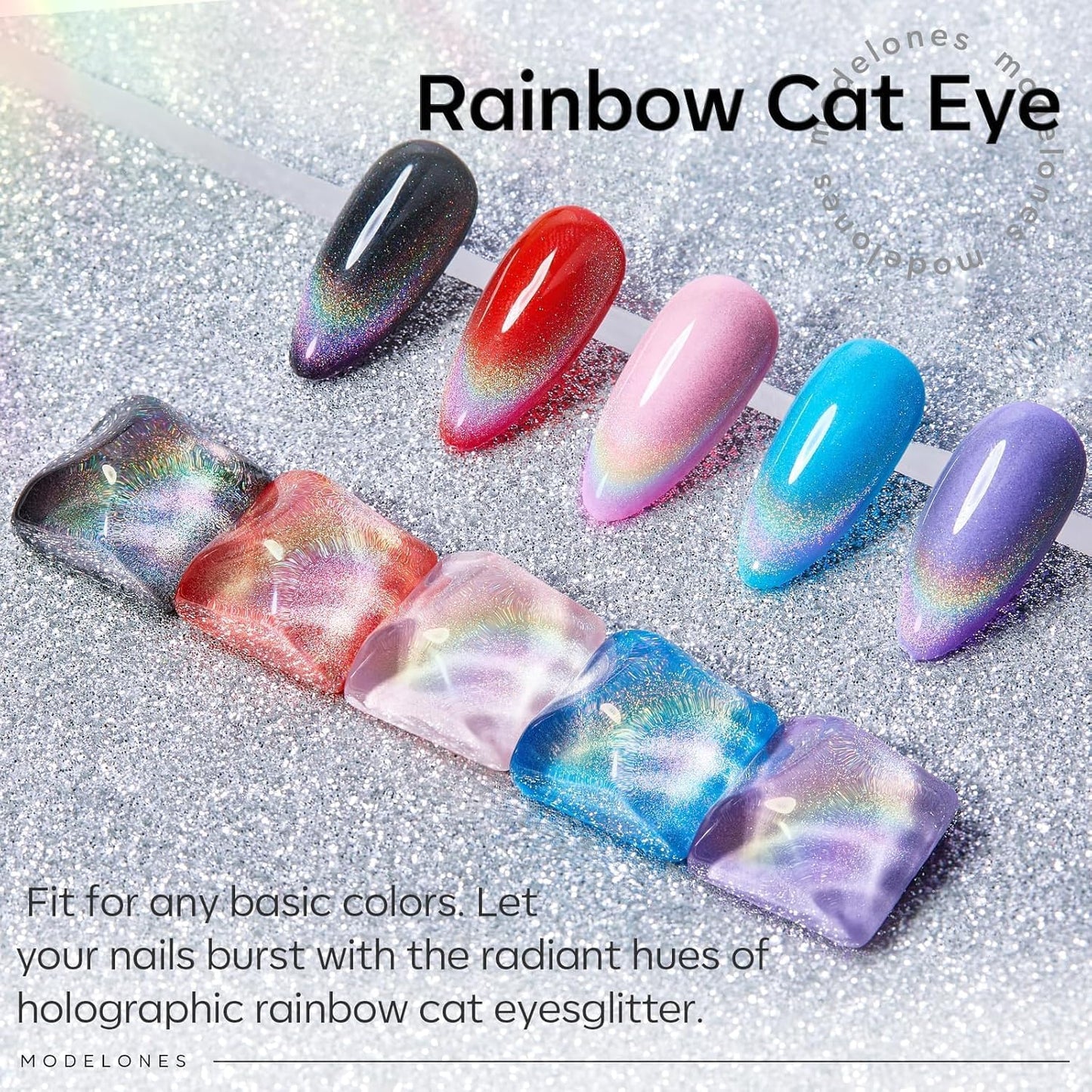 modelones Rainbow Cat Eye Gel Nail Polish Top Coat, 2-in-one 9D Glitter Clear Gel Polish with Magnet Stick Holographic Glossy Finish Long Lasting Soak Off Manicure Home Salon Nail Art 10 ML
