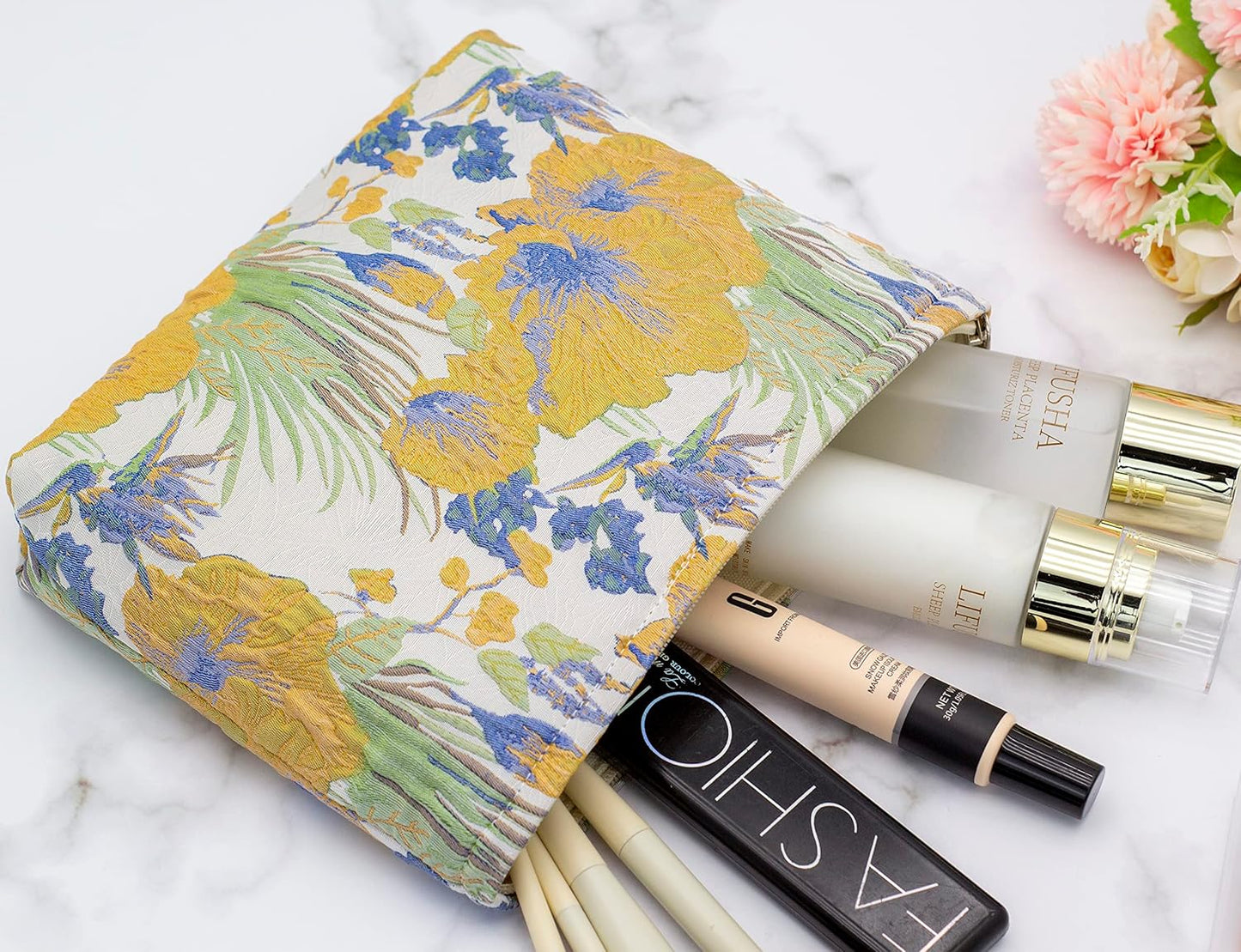 Makeup Bags for Purse Zipper Cosmetic Pouch Large Travel Canvas Make Up Organizer Tool Pouch for Women and Girls,Brocade Flower Yellow