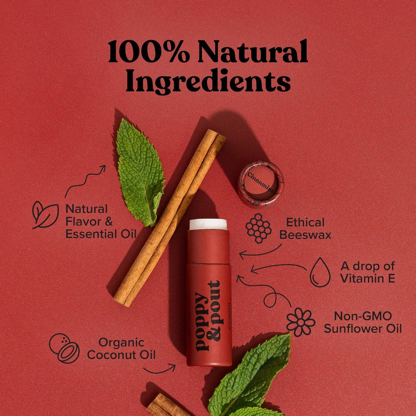 Poppy & Pout Cinnamint Jumbo Lip Balm | All Natural Lip Balms & Moisturizers | Hydrates with Beeswax, Vitamin E, Organic Coconut Oil | Cruelty-Free | Lip Balm in Recyclable Cardboard Tube