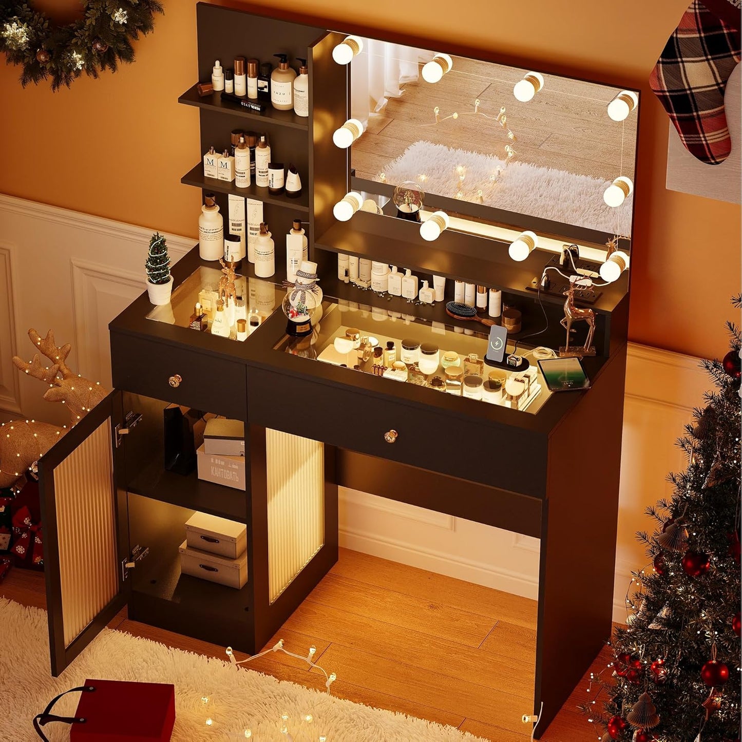 40" Vanity Desk with Large Mirror and Lights, Modern Glass Top Makeup Vanity Set with Power Outlet, Drawers and Cabinet, 3 Lighting Color Adjustable Dressing Table for Bedroom, Black