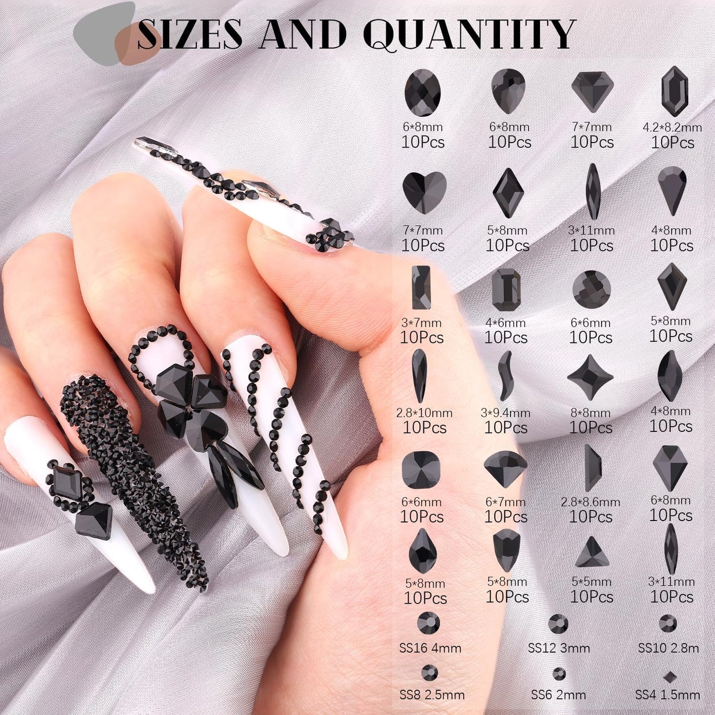 2750Pcs Black Glass Nail Rhinestones 240Pcs Multi Shapes Flatback Nail Gems + 2510Pcs 1.5-4mm Round Crystal, Manicure Nail Charms Diamond Gemstones for Acrylic Nails Decoration
