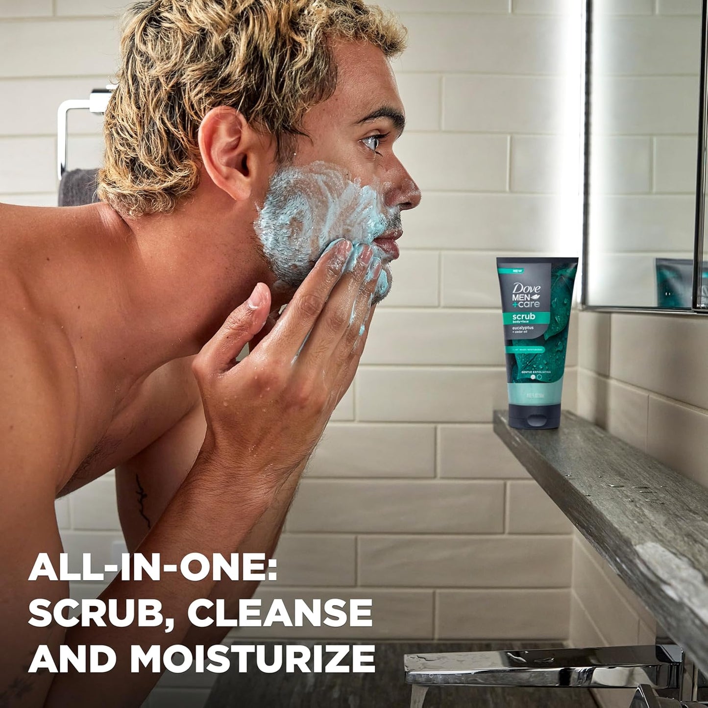 DOVE MEN + CARE Body and Face Scrub Eucalyptus Deeply Exfoliates for Hydrated & Nourished Skin 100% Gentle Cleanser, No Sulfate Cleansers or Parabens 9 oz