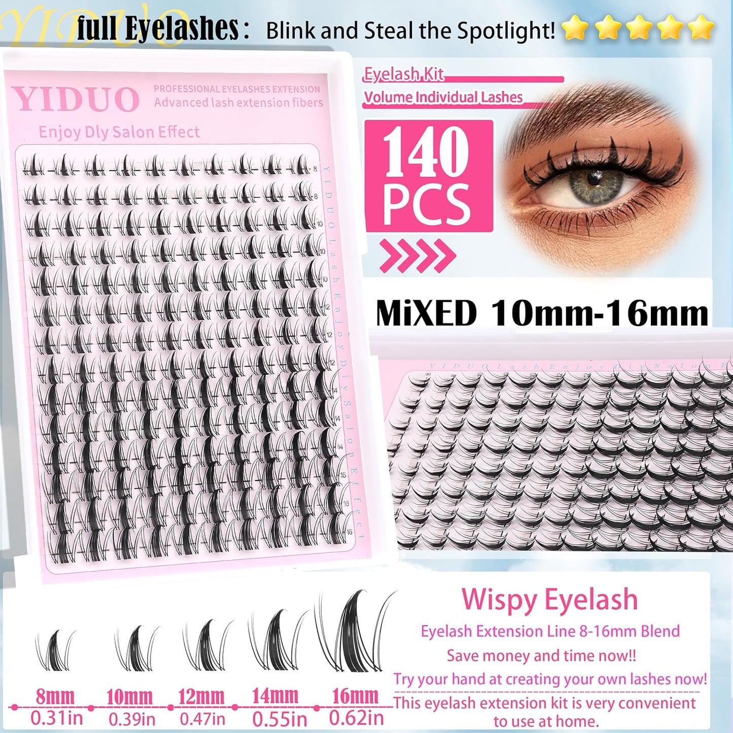 Fairy Manga lashes Clusters with Bottom Lashes Clusters Kit Gift Packs 604Pcs 5-16mm Soft Extension False Eyelash D Curl Wispy Natural Wet-Look Lashes Extensions Combo Pack with Glue Removers