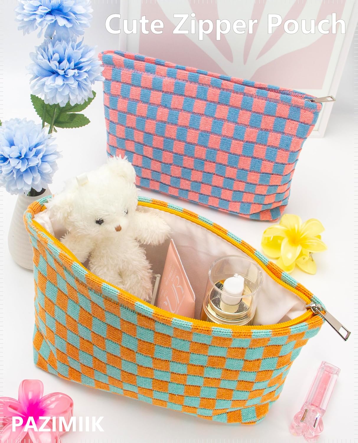 PAZIMIIK Knitted Checkered Makeup Bag Large Zipper Make Up Accessory Pouch for Purse Cosmetic Brush Bag for Travel Essential Orange Green