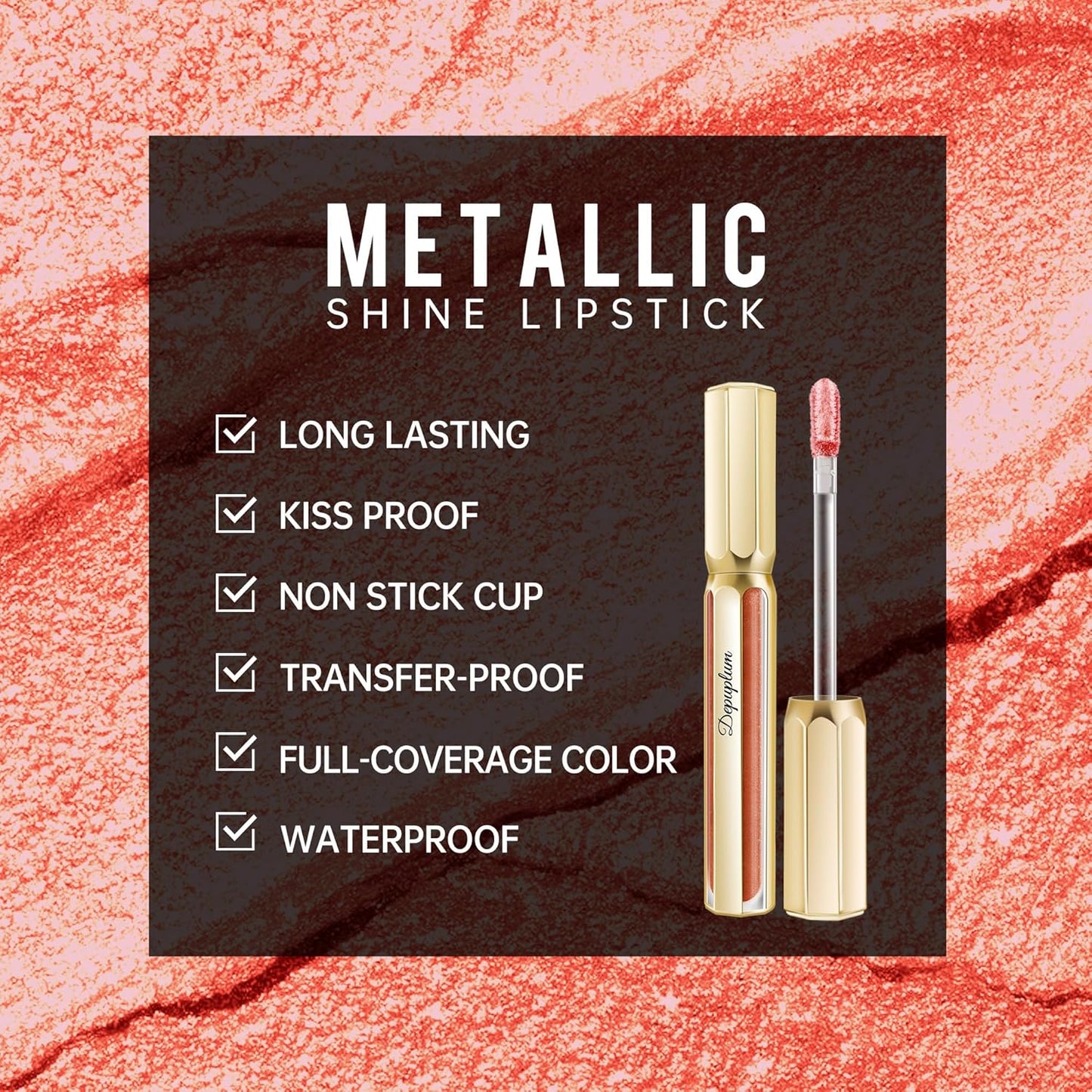 Peach Red Lipsticks for Women Metallic Lipstick Long Lasting Non Stick Cup Lip Gloss, Shimmer Lightweight Hydrating Full Coverage Lip Color, DP115 Juice Box