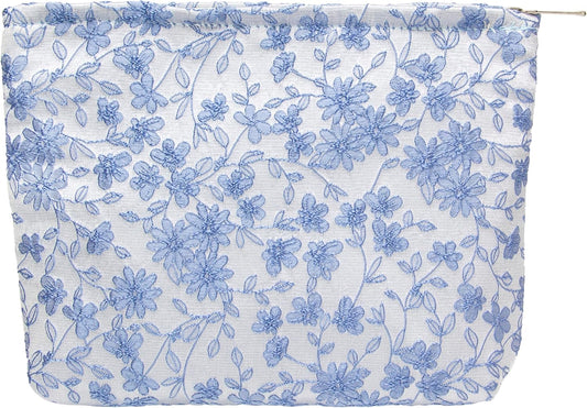 PAZIMIIK Makeup Bag Large Cotton Zipper Pouch for Purse Travel Canvas Make Up Organizer for Women Cosmetic,Brocade Silver