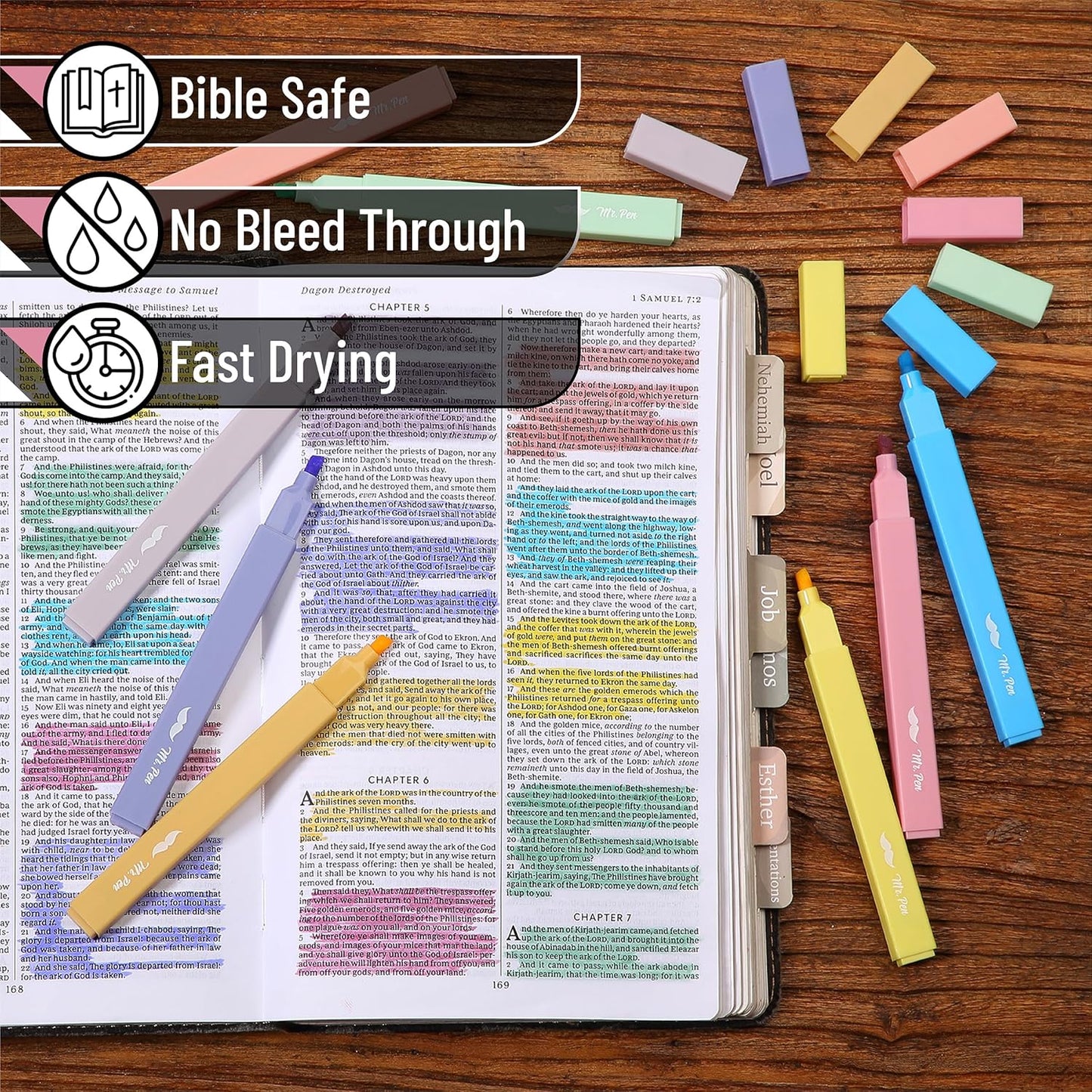 Mr. Pen Aesthetic Highlighters, 8 pcs, Chisel Tip, Assorted Colors, No Bleed Bible Highlighters